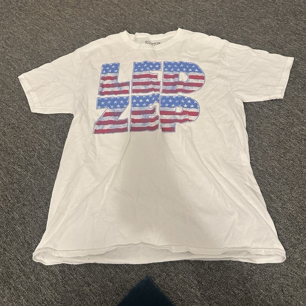 Led Zeppelin American Flag Letter Rock Band Tee M White Short Sleeve